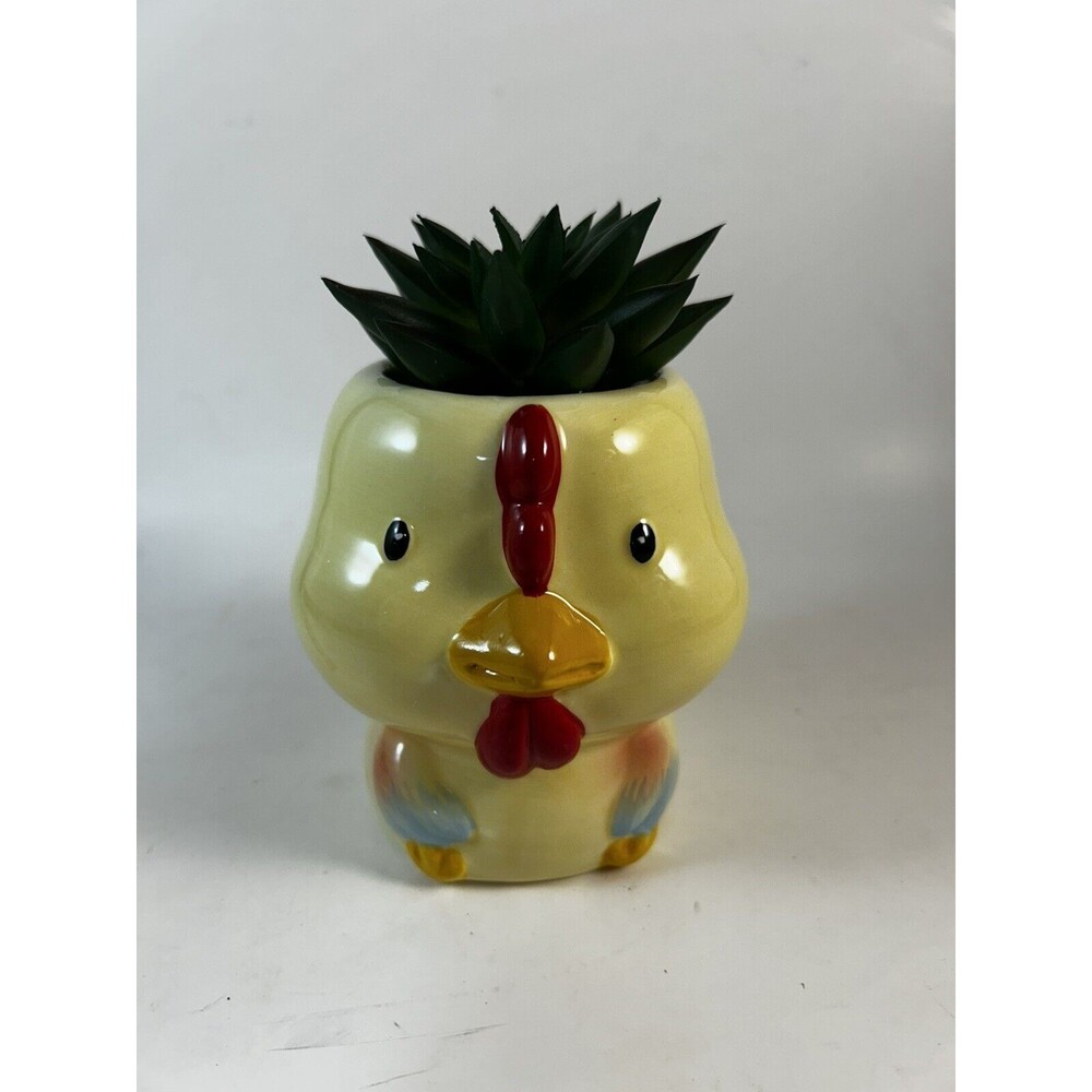 Ceramic Baby Chicken Planter Yellow Chick Faux Succulent Room Decor 5”